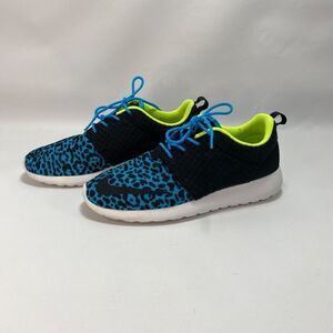 Nike Roshe Run Sneakers Womens 8 Black Current Blue Leopard Running Workout Gym
